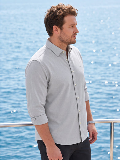Dockers Men's Grey Micro-Print Cotton-Linen Spread Collar Full Sleeve Shirt