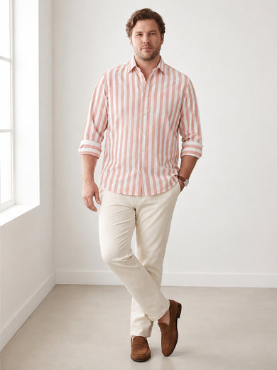 Dockers Men's Orange Striped Cotton-Linen Spread Collar Full Sleeve Casual Shirt