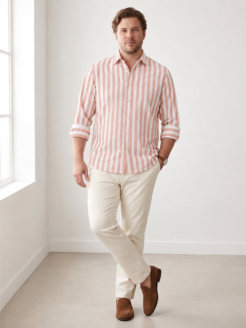 Dockers Men's Orange Striped Cotton-Linen Spread Collar Full Sleeve Casual Shirt