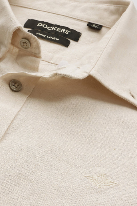 Dockers Men's Beige Solid Cotton-Linen Button-Down Full Sleeve Casual Shirt