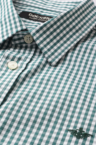 Dockers Men's Green Gingham Check Spread Collar Full Sleeve Shirt