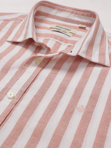 Dockers Men's Orange Striped Cotton-Linen Spread Collar Full Sleeve Casual Shirt