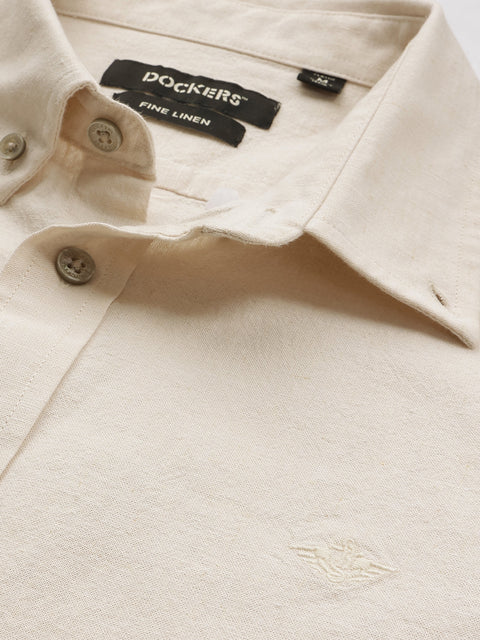 Dockers Men's Beige Solid Cotton-Linen Button-Down Full Sleeve Shirt