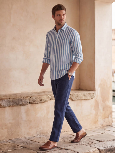 Dockers Men's Blue Striped Cotton-Linen Spread Collar Full Sleeve Shirt