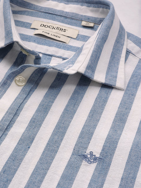 Dockers Men's Blue Striped Cotton-Linen Spread Collar Full Sleeve Shirt