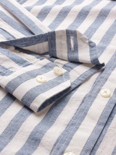 Dockers Men's Blue Striped Cotton-Linen Spread Collar Full Sleeve Shirt