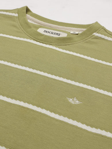 Dockers Men Green Regular Fit Short Sleeves Crew Neck Striped T-Shirt