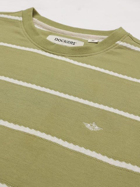 Dockers Men Green Regular Fit Short Sleeves Crew Neck Striped T-Shirt