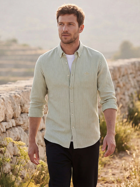 Dockers Men's Green Striped Cotton-Linen Button-Down Full Sleeve Shirt