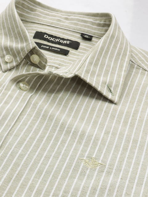 Dockers Men's Green Striped Cotton-Linen Button-Down Full Sleeve Shirt