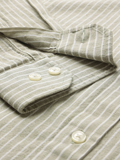 Dockers Men's Green Striped Cotton-Linen Button-Down Full Sleeve Shirt