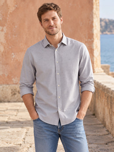 Dockers Men's Grey Textured Cotton-Linen Spread Collar Full Sleeve Shirt