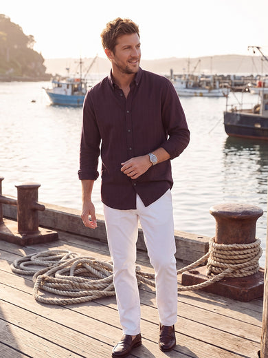 Dockers Men's Maroon Textured Button-Down Full Sleeve Shirt