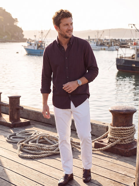 Dockers Men's Maroon Textured Button-Down Full Sleeve Shirt
