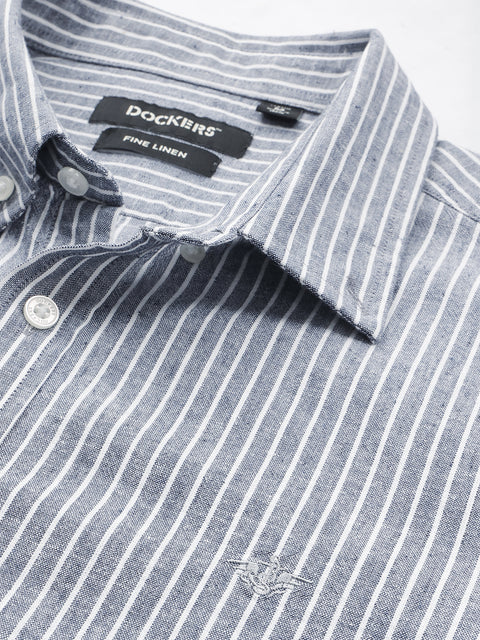 Dockers Men's Navy Blue Striped Cotton-Linen Button-Down Full Sleeve Shirt