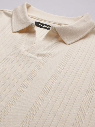 Dockers Men Off White Regular Fit Self Design Polo T-Shirt