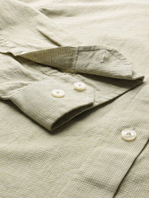 Dockers Men's Olive Textured Cotton-Linen Spread Collar Full Sleeve Shirt