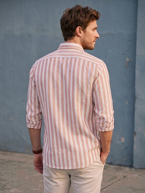 Dockers Men's Orange Striped Cotton-Linen Spread Collar Full Sleeve Shirt