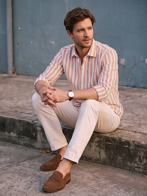 Dockers Men's Orange Striped Cotton-Linen Spread Collar Full Sleeve Shirt