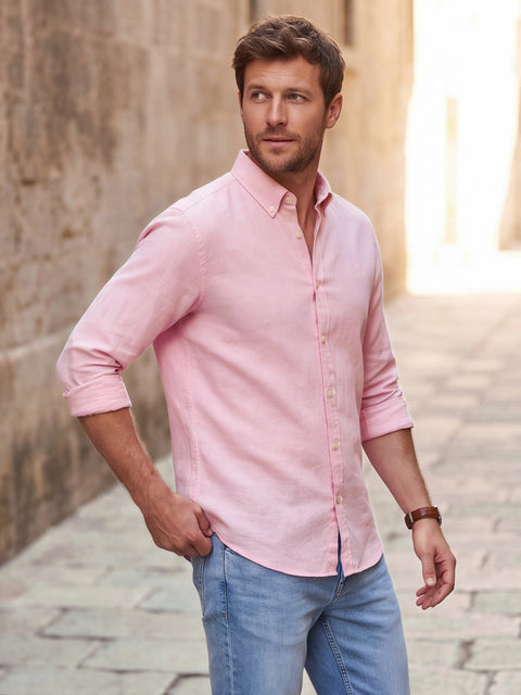 Dockers Men's Pink Striped Cotton-Linen Button-Down Full Sleeve Shirt