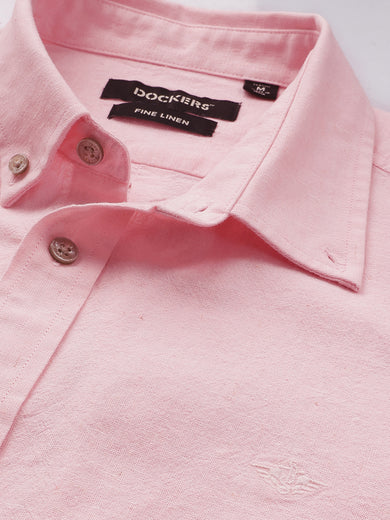 Dockers Men's Pink Striped Cotton-Linen Button-Down Full Sleeve Shirt
