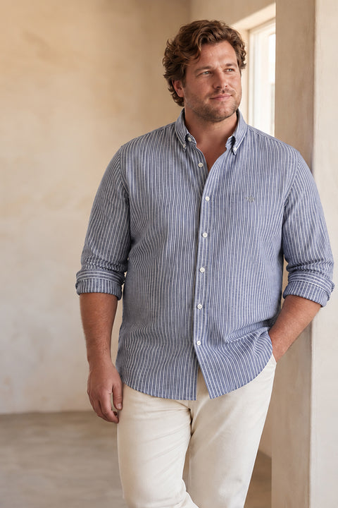 Dockers Men's Navy Blue Striped Cotton-Linen Button-Down Full Sleeve Casual Shirt