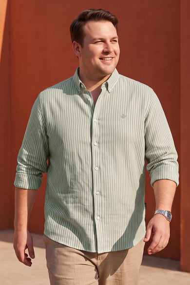 Dockers Men's Green Striped Cotton-Linen Button-Down Full Sleeve Casual Shirt