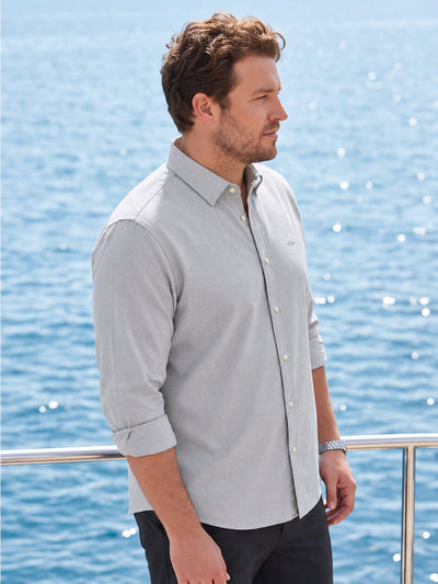 Dockers Men's Grey Micro-Print Cotton-Linen Spread Collar Full Sleeve Shirt