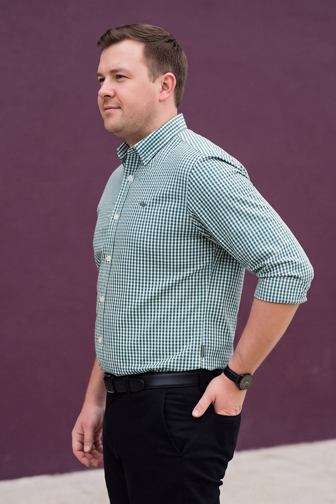 Dockers Men's Green Gingham Check Spread Collar Full Sleeve Shirt