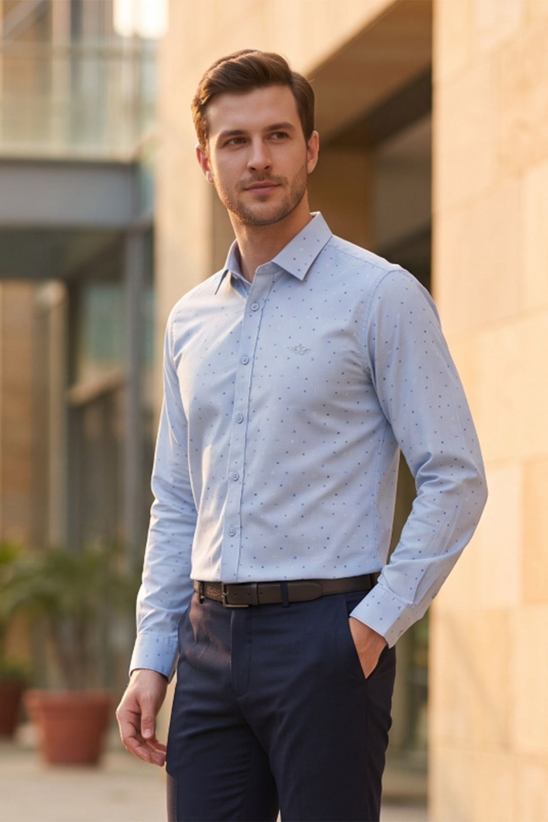 Dockers Men's Blue Geometric Print Spread Collar Full Sleeve Formal Shirt