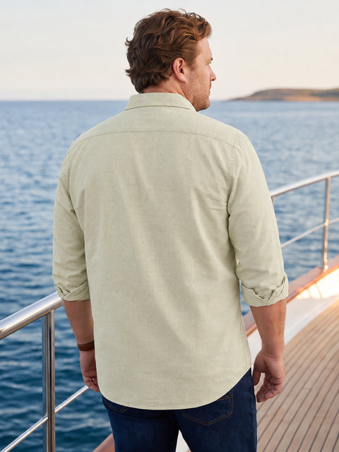 Dockers Men's Olive Textured Cotton-Linen Spread Collar Full Sleeve Casual Shirt