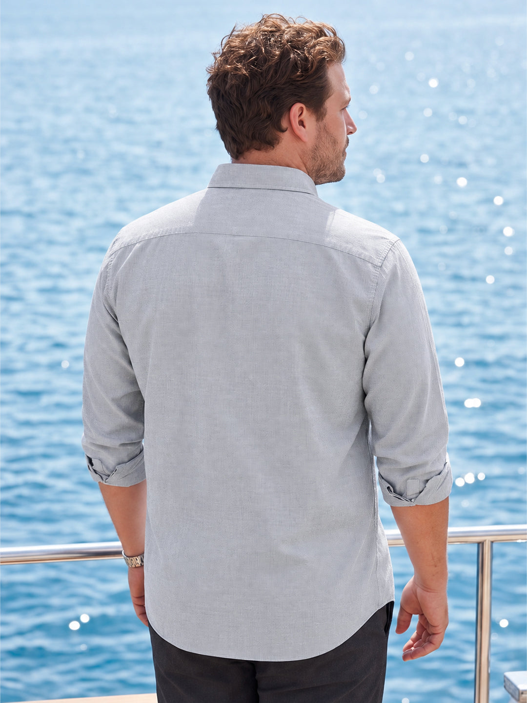 Dockers Men's Grey Micro-Print Cotton-Linen Spread Collar Full Sleeve Shirt
