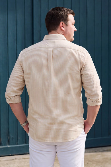 Dockers Men's Beige Striped Cotton-Linen Button-Down Full Sleeve Casual Shirt