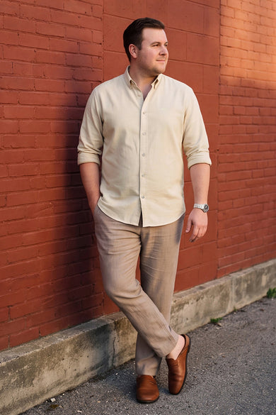 Dockers Men's Beige Solid Cotton-Linen Button-Down Full Sleeve Casual Shirt