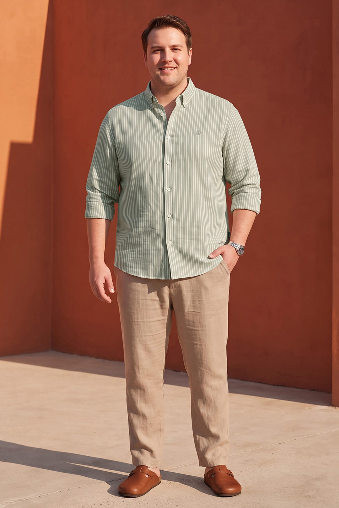 Dockers Men's Green Striped Cotton-Linen Button-Down Full Sleeve Casual Shirt