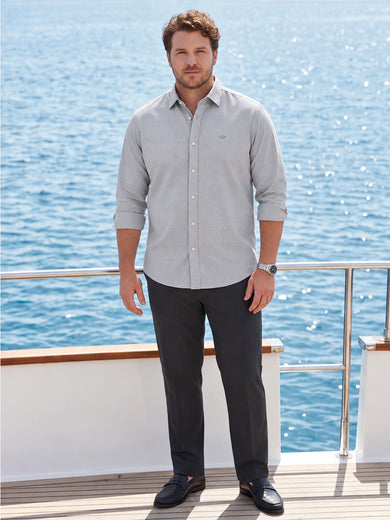 Dockers Men's Grey Micro-Print Cotton-Linen Spread Collar Full Sleeve Shirt