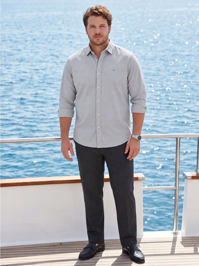 Dockers Men's Grey Micro-Print Cotton-Linen Spread Collar Full Sleeve Shirt