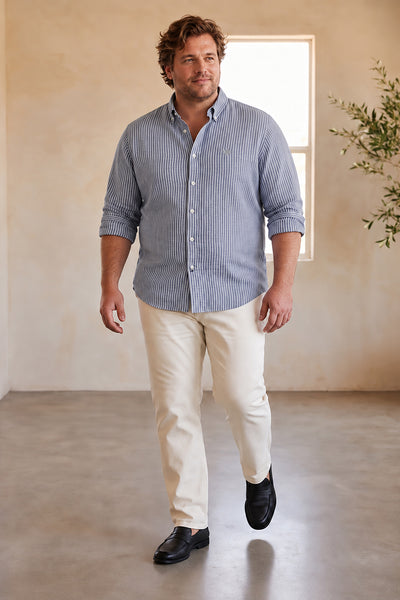 Dockers Men's Navy Blue Striped Cotton-Linen Button-Down Full Sleeve Casual Shirt