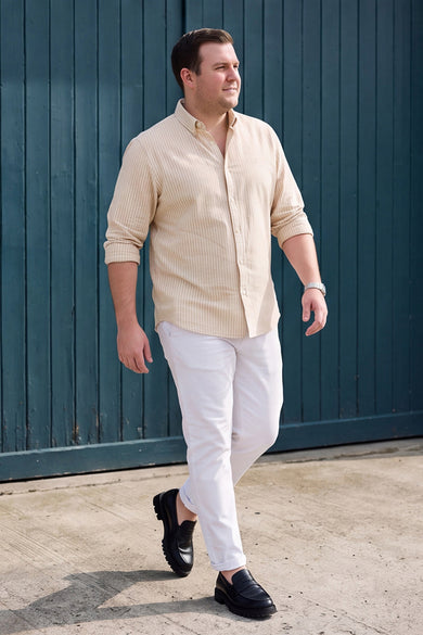 Dockers Men's Beige Striped Cotton-Linen Button-Down Full Sleeve Casual Shirt