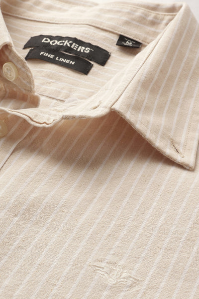 Dockers Men's Beige Striped Cotton-Linen Button-Down Full Sleeve Casual Shirt