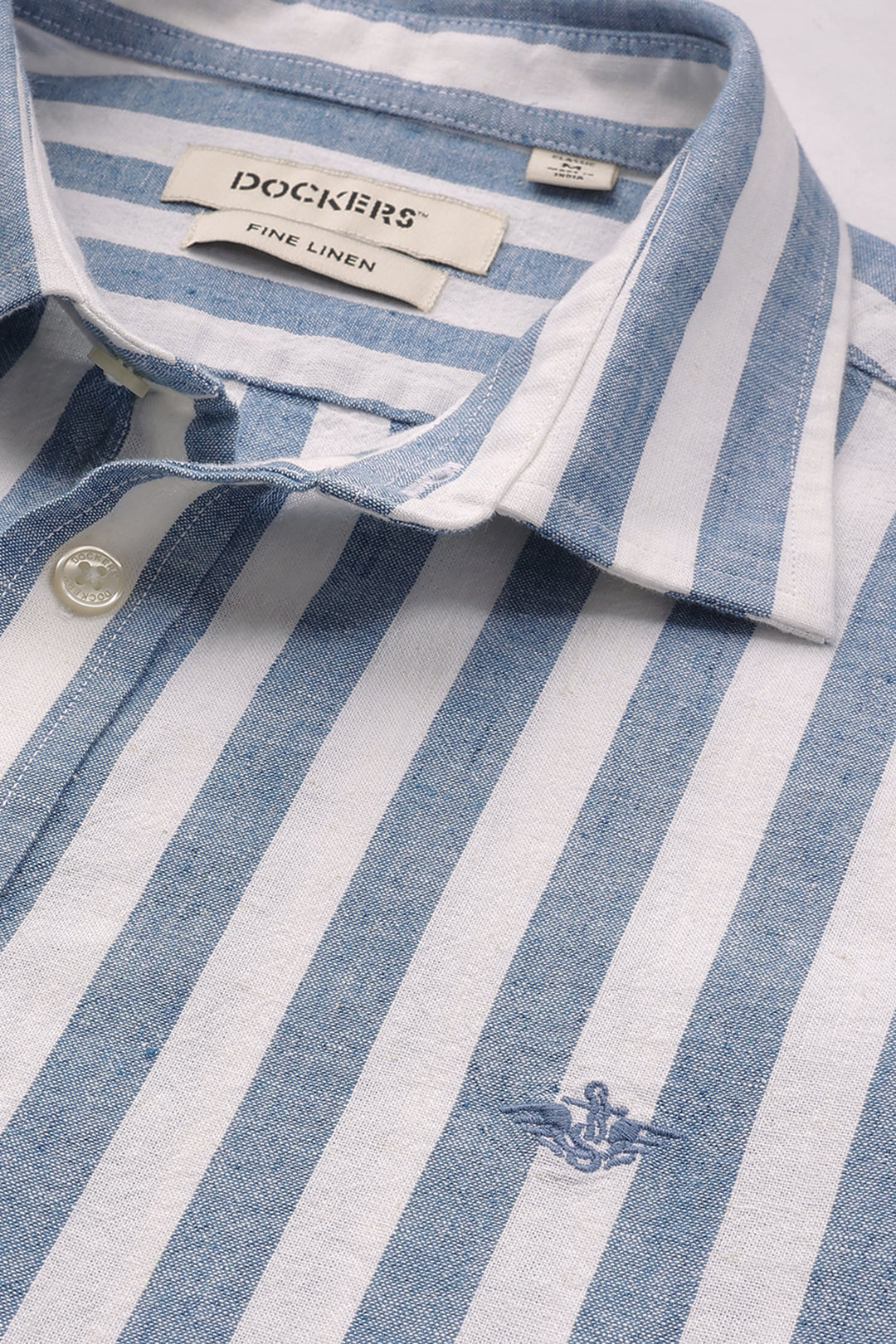 Dockers Men's Blue Striped Cotton-Linen Spread Collar Full Sleeve Casual Shirt
