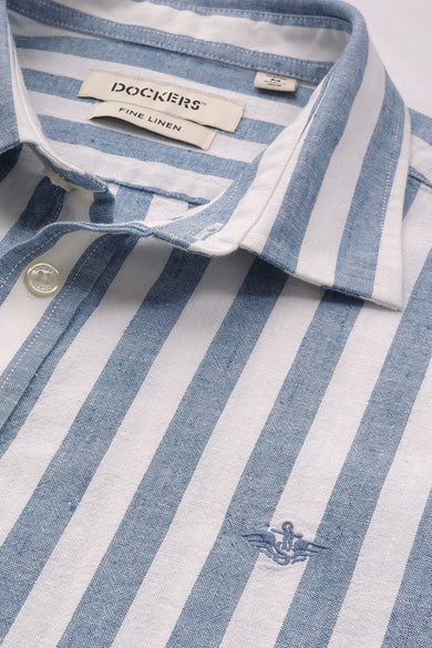 Dockers Men's Blue Striped Cotton-Linen Spread Collar Full Sleeve Casual Shirt