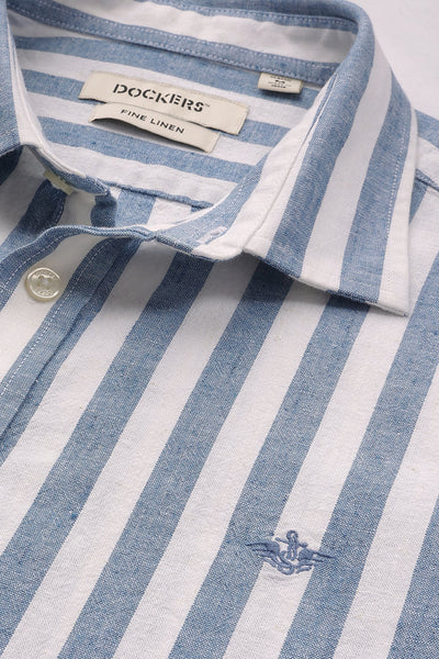 Dockers Men's Blue Striped Cotton-Linen Spread Collar Full Sleeve Casual Shirt