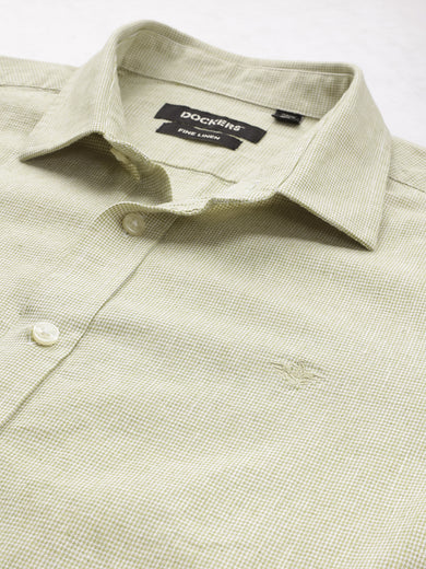 Dockers Men's Olive Textured Cotton-Linen Spread Collar Full Sleeve Casual Shirt