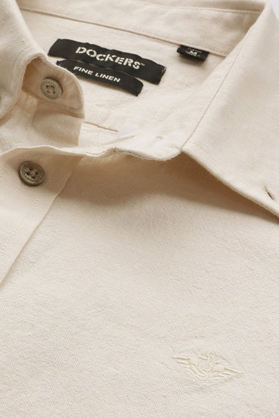 Dockers Men's Beige Solid Cotton-Linen Button-Down Full Sleeve Casual Shirt