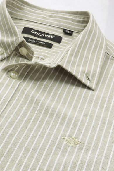 Dockers Men's Green Striped Cotton-Linen Button-Down Full Sleeve Casual Shirt