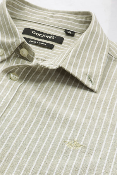 Dockers Men's Green Striped Cotton-Linen Button-Down Full Sleeve Casual Shirt