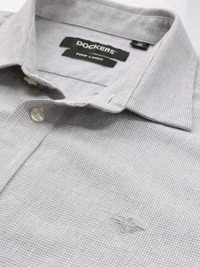Dockers Men's Grey Micro-Print Cotton-Linen Spread Collar Full Sleeve Shirt