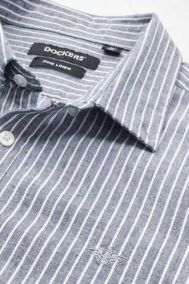 Dockers Men's Navy Blue Striped Cotton-Linen Button-Down Full Sleeve Casual Shirt