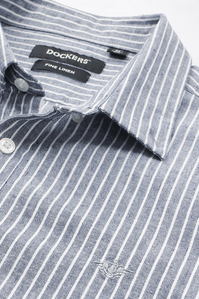 Dockers Men's Navy Blue Striped Cotton-Linen Button-Down Full Sleeve Casual Shirt